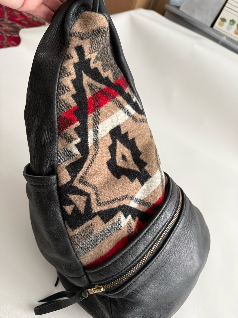 Hand Crafted Black Leather Crossbody Bag with Patterned Pendleton wool accents - Picture 5 of 8
